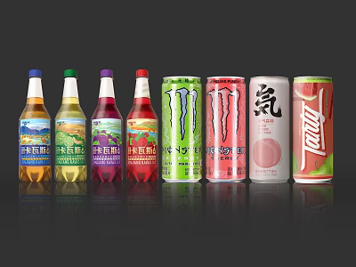 Assorted Beverages Collection Featuring Bottled Fruit Juices Canned Energy Drinks and Sparkling Water Cans 3d model