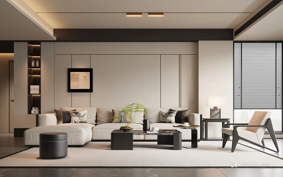 Modern Living Room Interior With Beige Sofa Black Coffee Tables Green Plant And Decorative Painting 3d model 