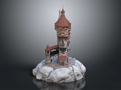 Multi Level Castle Tower Architecture with Red Spire Roof and Stone Base Structure Design 3d model