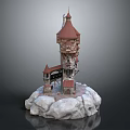 Multi Level Castle Tower Architecture with Red Spire Roof and Stone Base Structure Design 3d model