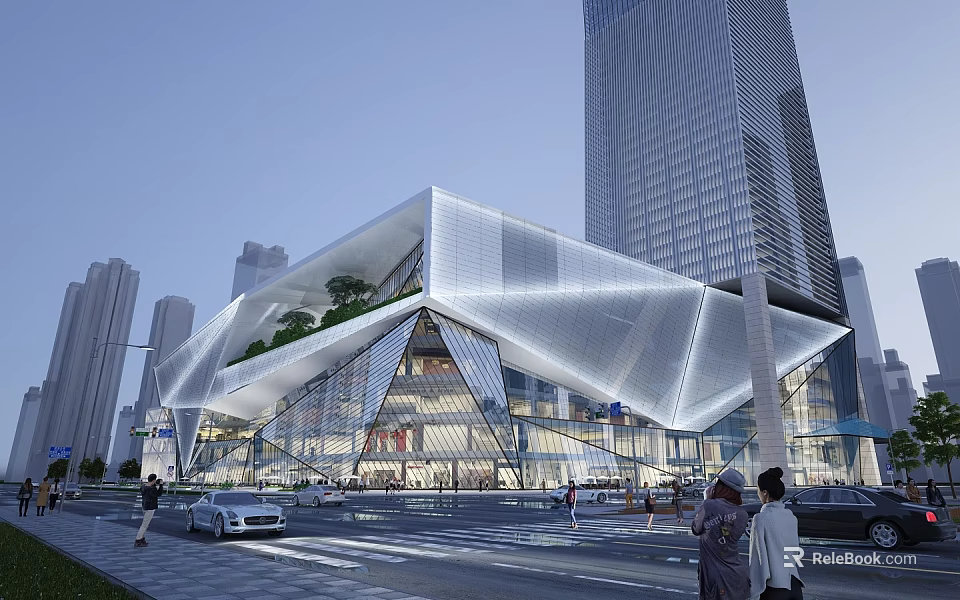Modern Commercial Street With Futuristic Glass Design And Urban Greenery 3d model 