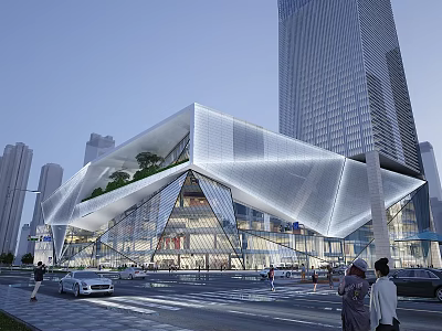 Modern Commercial Street With Futuristic Glass Design And Urban Greenery 3d model