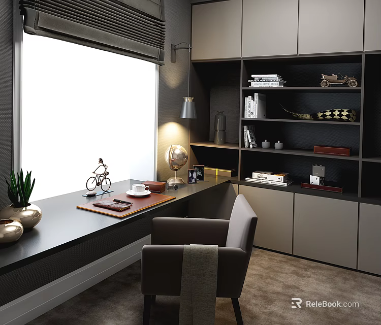 Modern Home Office Desk Featuring Table Lamp Globe Decorative Plant And Nearby Bookshelf With Books 3d model 