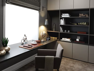 Modern Home Office Desk Featuring Table Lamp Globe Decorative Plant And Nearby Bookshelf With Books 3d model