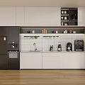 Modern Kitchen With White Cabinets Black Refrigerator Sink Coffee Makers Tile Backsplash Wooden Floor