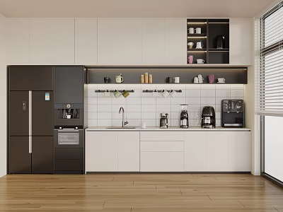 Modern Kitchen With White Cabinets Black Refrigerator Sink Coffee Makers Tile Backsplash Wooden Floor 3d model