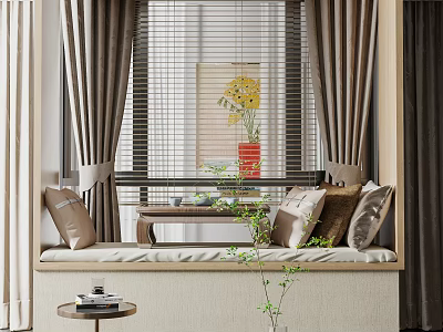 Cozy Window Seat Interior With Curtains Blinds Pillows Small Table And Green Plant 3d model