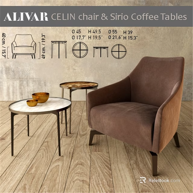Brown Accent Chair With Marble Top Side Tables And Gold Bowls 3d model 