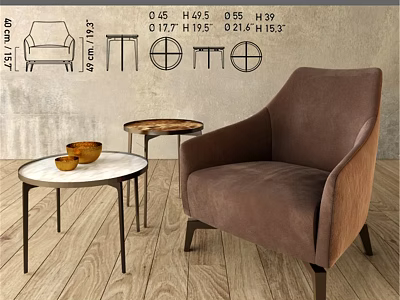 Brown Accent Chair With Marble Top Side Tables And Gold Bowls 3d model