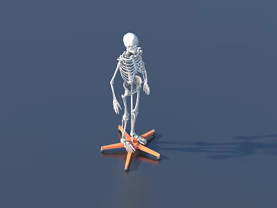 White Skeleton Sculpture in Standing Pose on Orange Star Shaped Base with Dark Blue Background 3d model