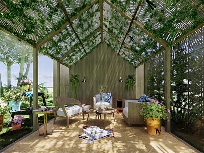Garden Glasshouse With Vines Covered Roof Wooden Frame And Outdoor Seating 3d model