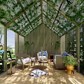 Garden Glasshouse With Vines Covered Roof Wooden Frame And Outdoor Seating