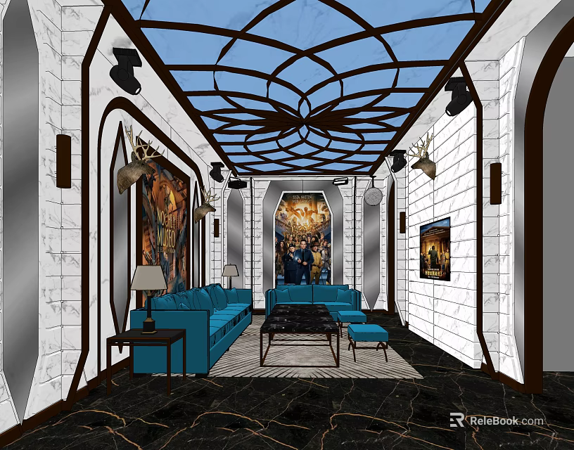 Modern KTV Luxury Interior With Blue Sofa Marble Floor Art Decor And Lighting Design 3d model 