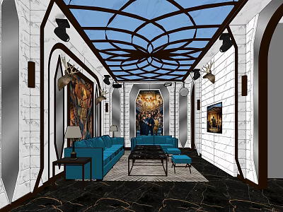 Modern KTV Luxury Interior With Blue Sofa Marble Floor Art Decor And Lighting Design 3d model