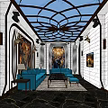 Modern KTV Luxury Interior With Blue Sofa Marble Floor Art Decor And Lighting Design