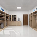 Other Exhibition Space With Wooden Shelves And Displayed Items In White Interior