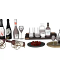 Wine Bottles And Glasses Arranged On Tray With Wine Rack And Grapes