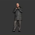 Bald Man Adjusting Collar Of Dark Coat Standing Against Gray Background