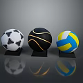 Professional Sports Equipment Display With Soccer Basketball Volleyball Balls On Black Stands