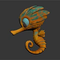 Animated Vibrant Orange Teal Seahorse 3D Game Movie Character With Big Eyes