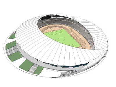 Modern Circular Stadium Design with Green Lawn Running Track and White Roof Structure 3d model