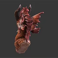 Artistic Two Red Orange Dragon Head Sculptures With Detailed Horns And Wings