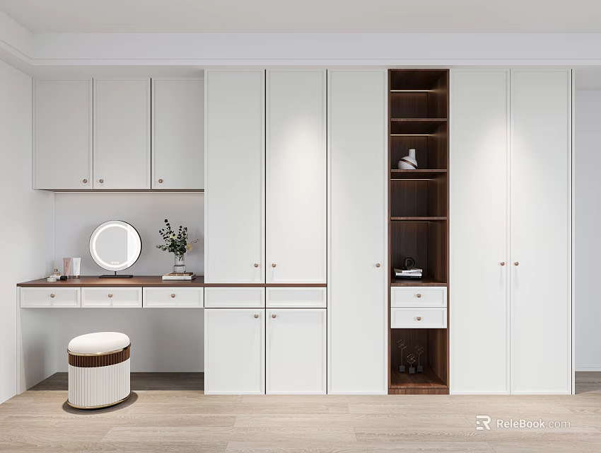 Modern White Wardrobe Design With Dressing Table Mirror Stool And Storage Compartments 3d model