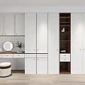 Modern White Wardrobe Design With Dressing Table Mirror Stool And Storage Compartments 3d model