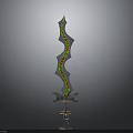Ornate Curved Sword With Colorful Decorations And Metallic Base Stand