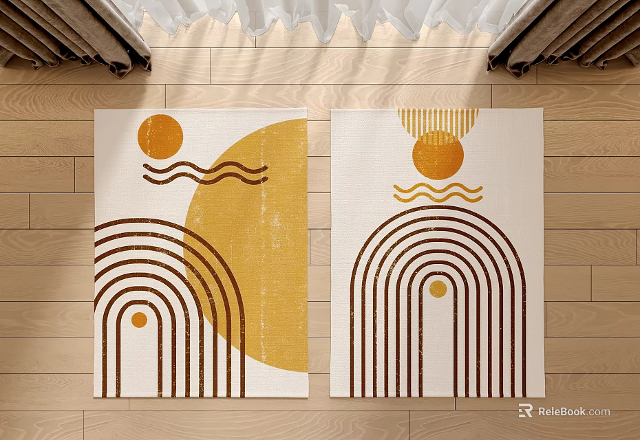 Square Rugs With Geometric Patterns Yellow Brown Circles Waves And Arches 3d model