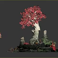 Red Tree Decorative Landscape With Exposed Roots Colorful Flowers And Ornaments