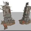 Ruined Stone Towers With Wooden Structures Flags And Rustic Bases Design 3d model