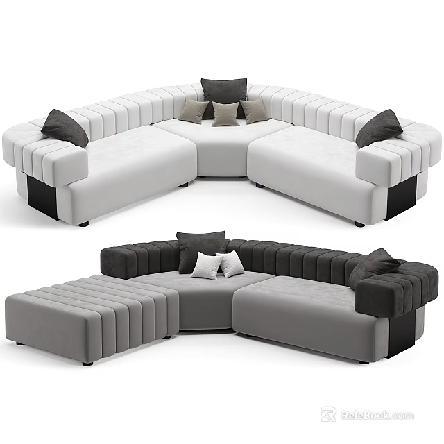 Modular Modern Sectional Sofa With White Gray Upholstery And Plush Pillows 3d model