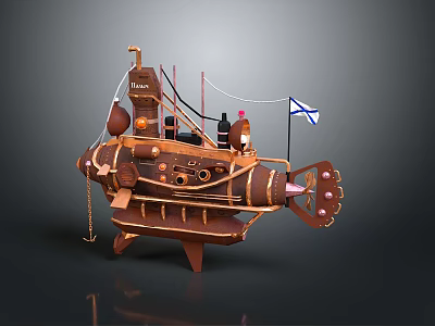 Vintage Retro Submarine Model With Decorative Flag Chain And Craft Details Design 3d model