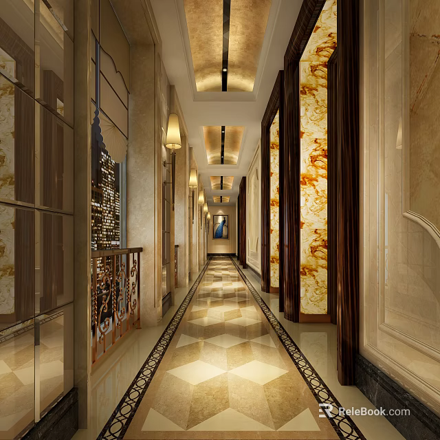 Luxurious Elevator Hallway Interior With Marble Walls And Recessed Ceiling Lights 3d model