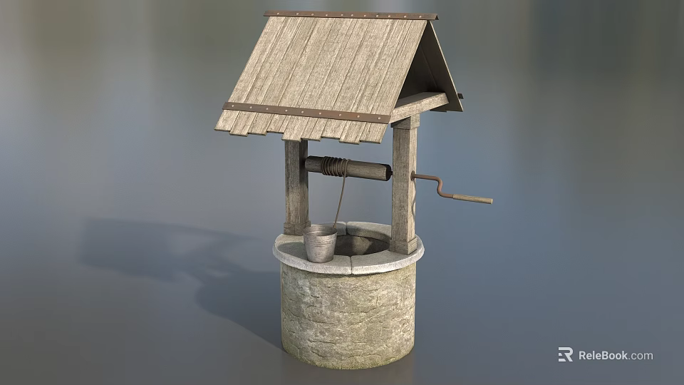 Traditional Old Fashioned Well With Wooden Roof Stone Base Metal Bucket And Crank Handle 3d model 