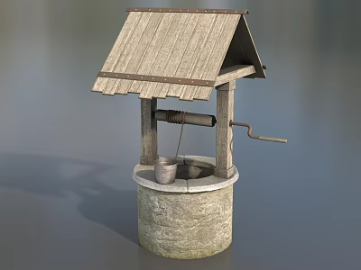 Traditional Old Fashioned Well With Wooden Roof Stone Base Metal Bucket And Crank Handle 3d model