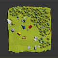 Cartoon Style Forest Camping Scene With Green Pine Trees Grass Rocks And Blue Tent