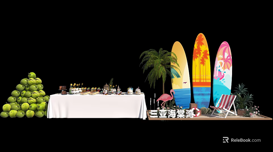 Tropical Tea Break Area In Haitang Bay Sanya With Coconut Snacks Flamingo Decor And Surfboards 3d model 