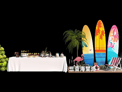 Tropical Tea Break Area In Haitang Bay Sanya With Coconut Snacks Flamingo Decor And Surfboards 3d model