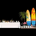 Tropical Tea Break Area In Haitang Bay Sanya With Coconut Snacks Flamingo Decor And Surfboards