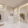 Modern Minimalist Clothing Store Interior With White Mannequin Hanging Clothes Table Plants And Warm Lighting