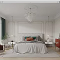 Elegant Modern Bedroom Interior With White Bedspread Decorative Pillows Green Curtains Armchair And Chandelier