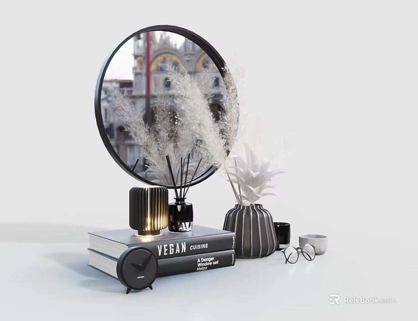 Decorative Ornament Set With Round Mirror Decorative Plants Books Candle Holder And Vase 3d model 