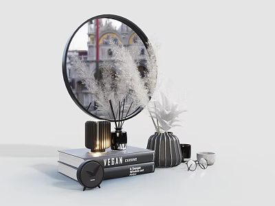 Decorative Ornament Set With Round Mirror Decorative Plants Books Candle Holder And Vase 3d model