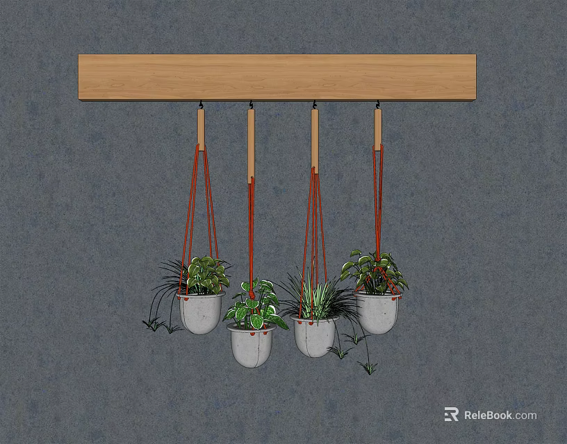 Hanging Basket Plants With White Pots And Red Ropes On Wooden Rod Against Gray Wall 3d model 