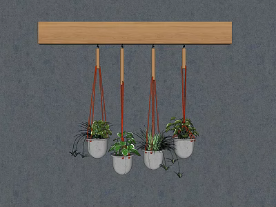 Hanging Basket Plants With White Pots And Red Ropes On Wooden Rod Against Gray Wall 3d model