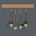 Hanging Basket Plants With White Pots And Red Ropes On Wooden Rod Against Gray Wall
