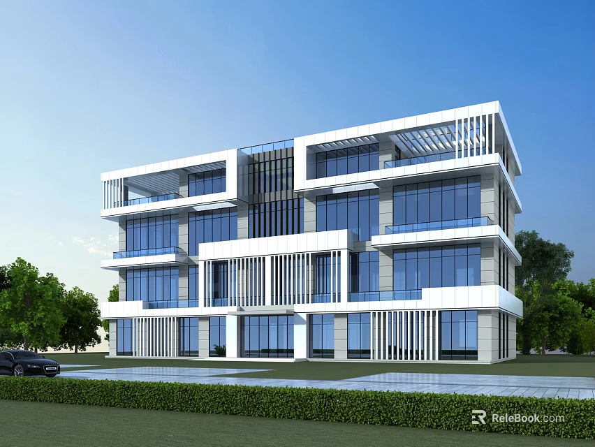 Modern Sleek Detached Villa Exterior Design With Large Glass Windows Balconies And Landscaped Garden 3d model 