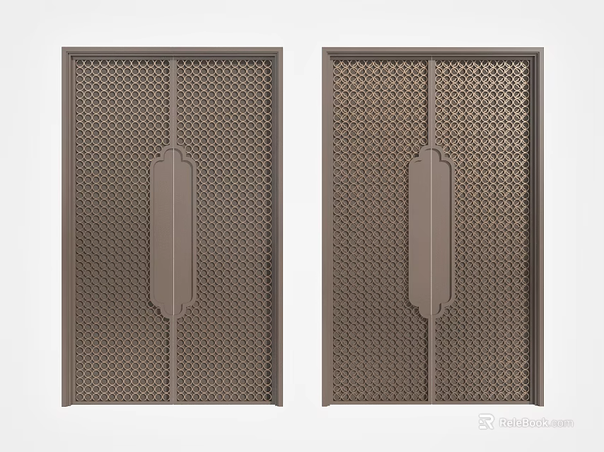 Elegant Brown Double Doors With Perforated Lattice Design And Vertical Central Panels 3d model 